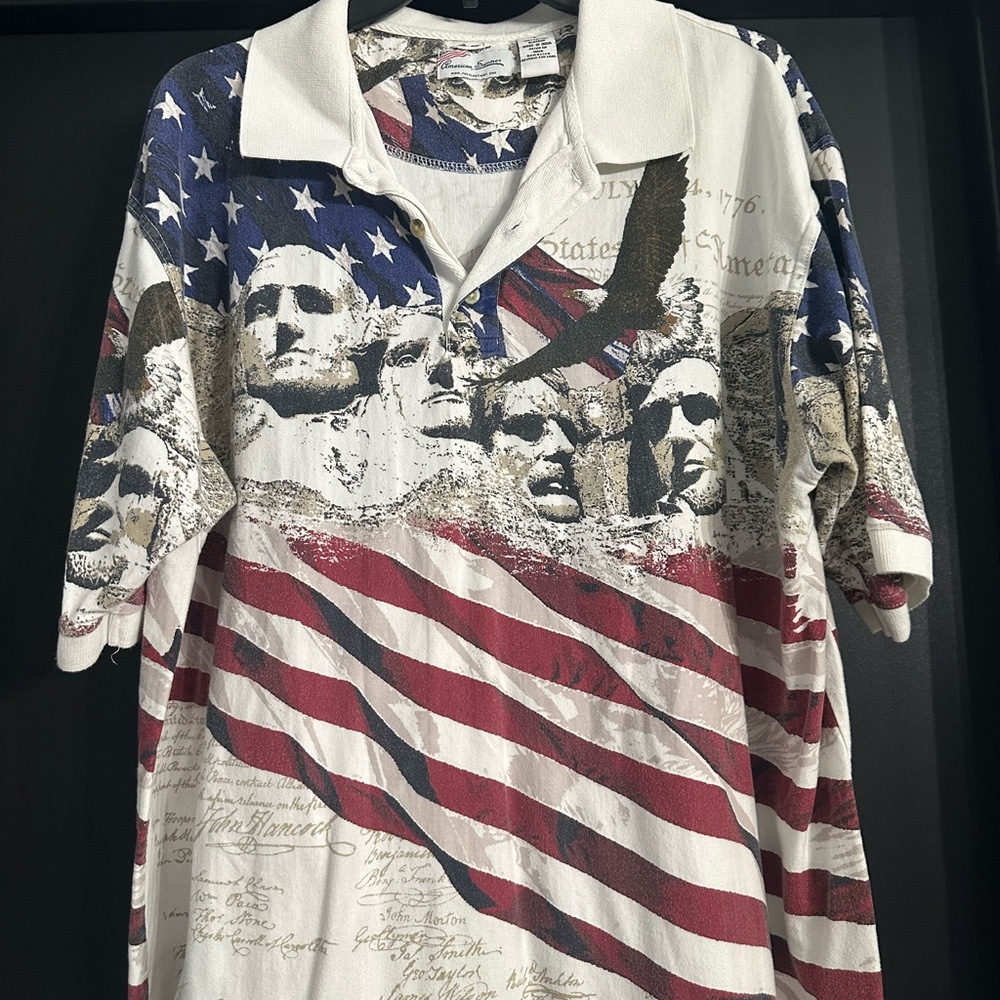 Vintage American Summer Men Sz Lrg Mt. Rushmore Polo Shirt with American Flag